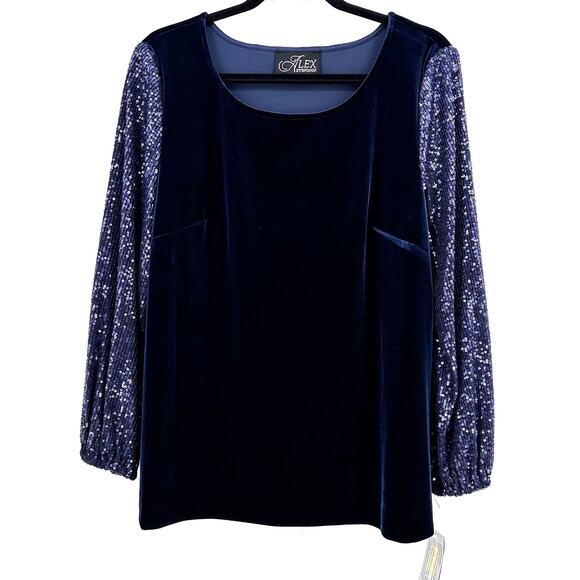 Alex Evenings Velour Sequin Sleeve Top Shirt Womens Size Large Dark Navy Blue - Picture 1 of 7